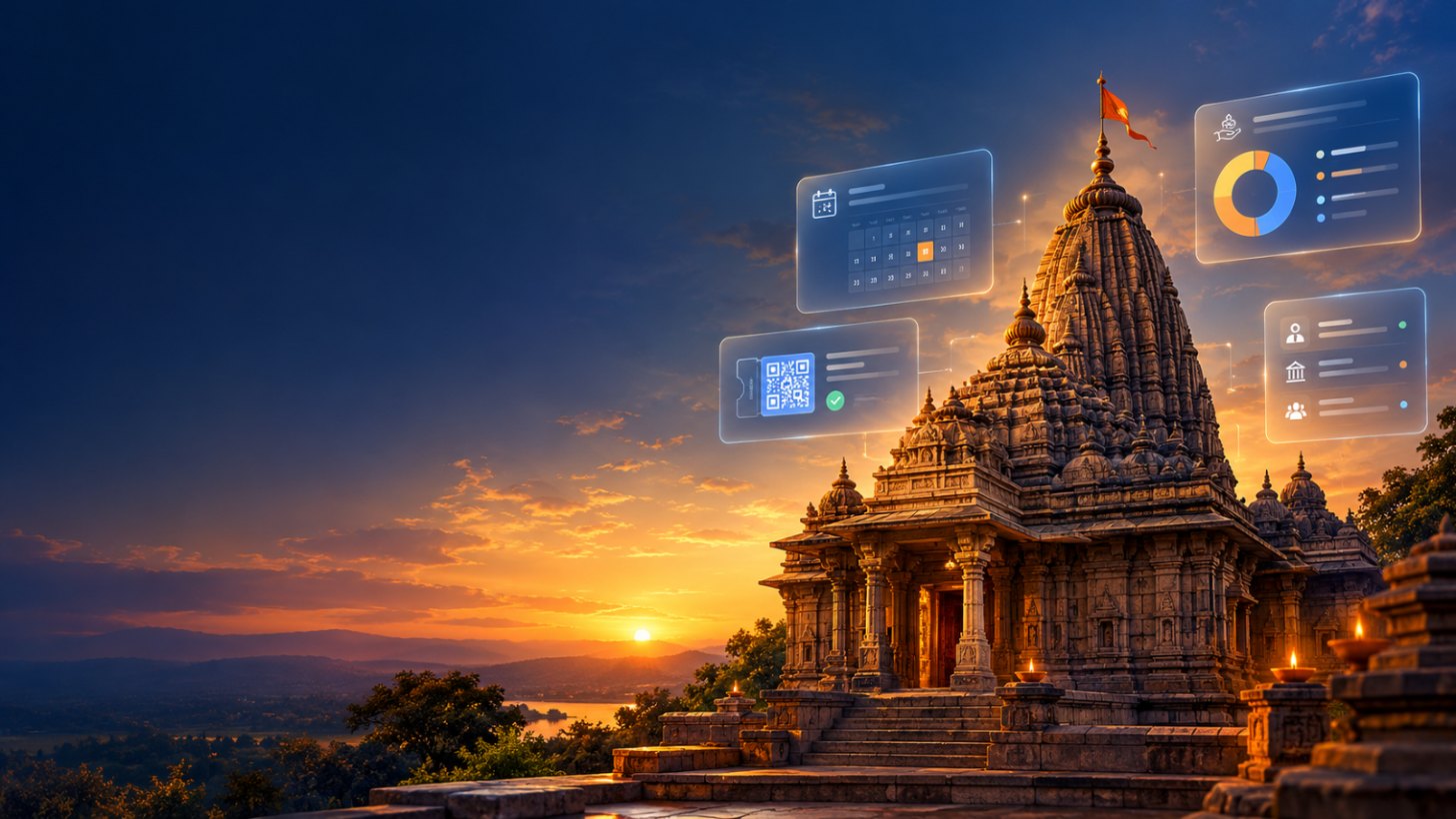 Carved Nagara-style temple at golden hour with floating temple-management dashboard cards