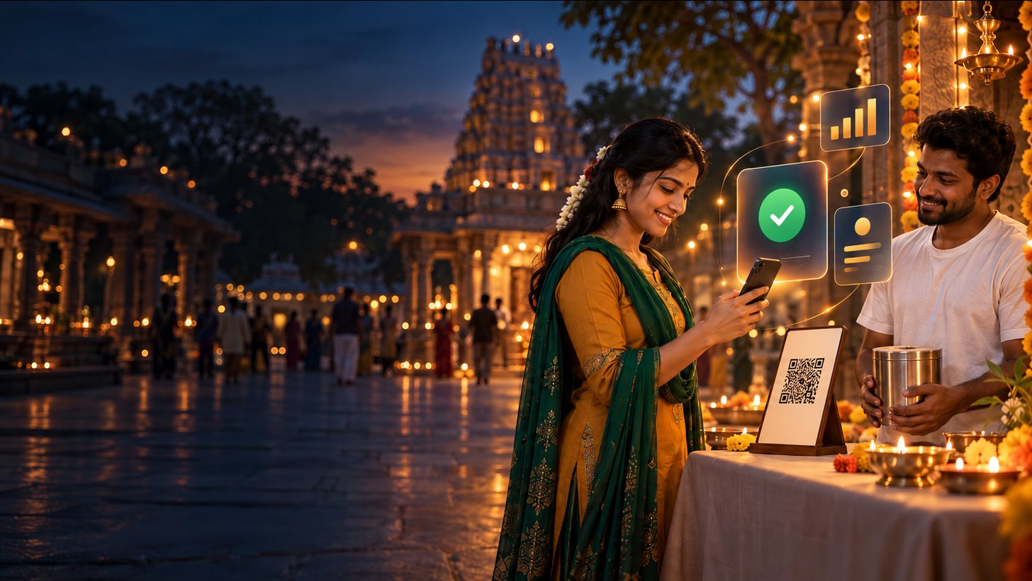 Devotee scanning a UPI QR code at a temple donation desk while an NGO volunteer holds a donation tin, with floating payment-success cards