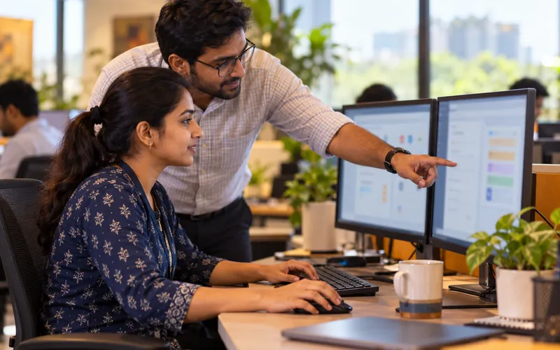 VilaSoft engineers configuring the system on two monitors in the Pune office