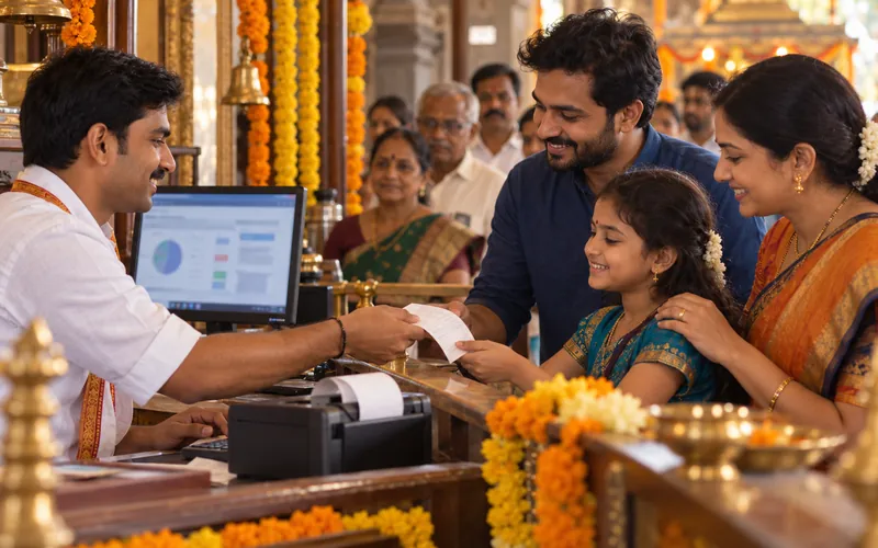Temple counter staff handing a printed receipt to a smiling devotee family during a festival