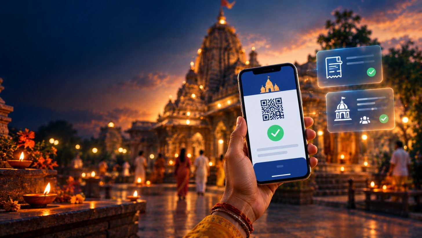 Devotee completing a UPI donation on a phone at a temple